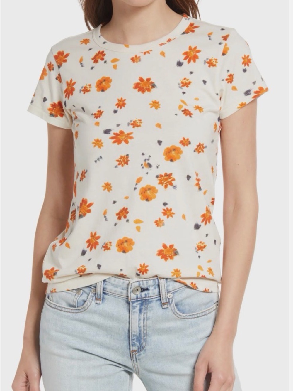 rag & bone All Over Poppy Floral Pima Cotton Jersey Tee White Orange Sz L
